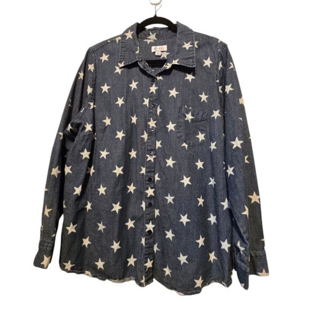 D&Co Denim Stars Button Shirt Womens Xl Blue Patriotic July 4th Western Boho